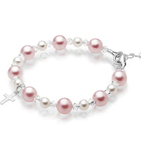 Infant Baby Girl Baptism Bracelet Sterling Silver Cross Pink & White Pearl Clear Crystals
