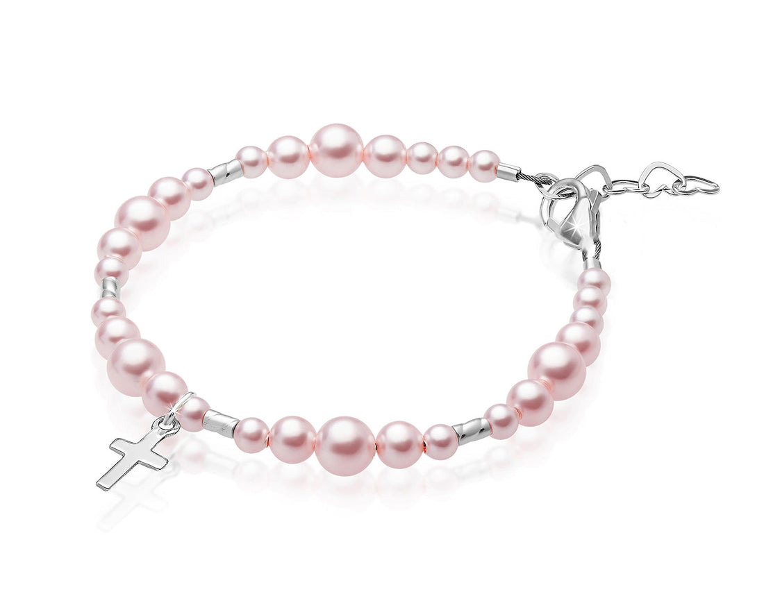 Teen Girl Sterling Silver Cross Pink Pearl Christening Baptism Bracelet