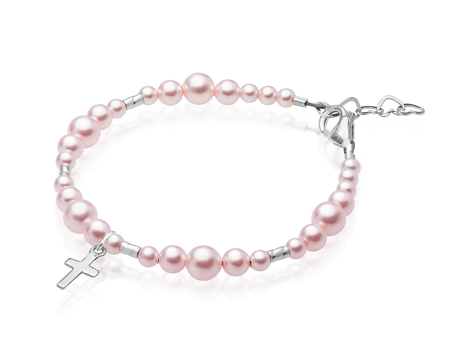 Sterling Silver Crimps Cross Charm Pink Pearl Christening Baptism Bracelet for Girls