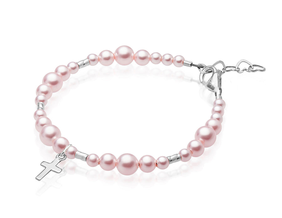 Toddler Baby Girl Sterling Silver Cross Pink Pearl Christening Baptism Bracelet