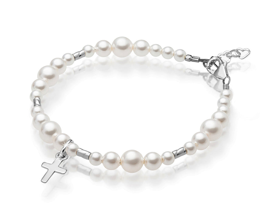 Teen Girl Sterling Silver Cross White Pearl Christening Baptism Bracelet
