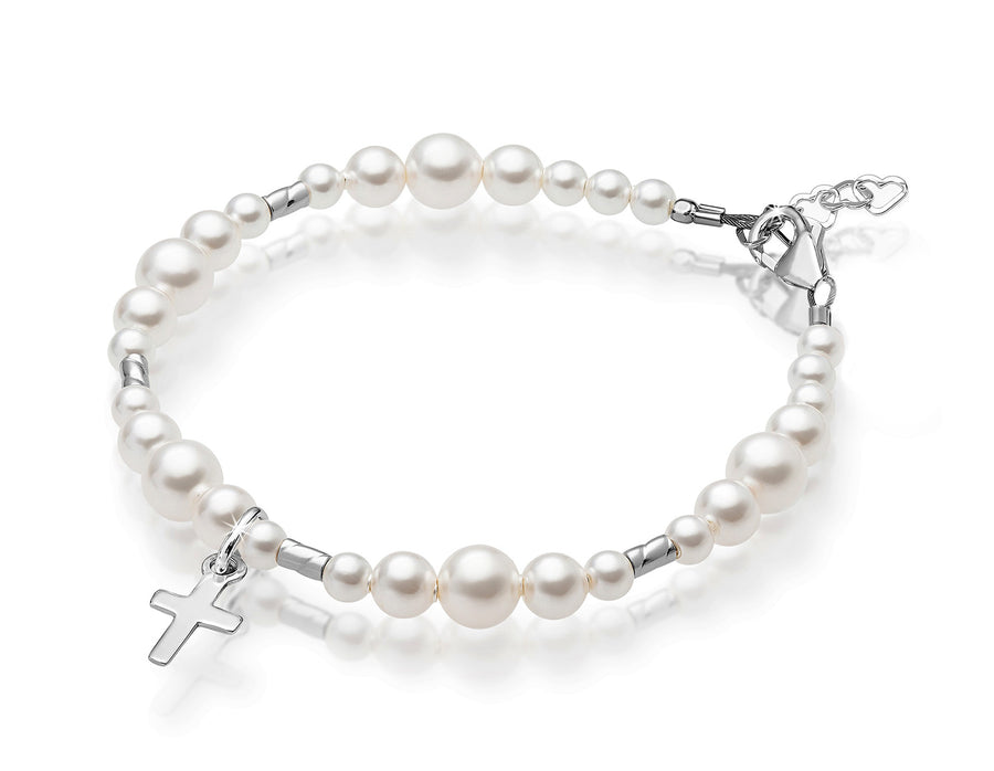 Sterling Silver Crimps Cross Charm white Pearl Christening Baptism Bracelet for Girls