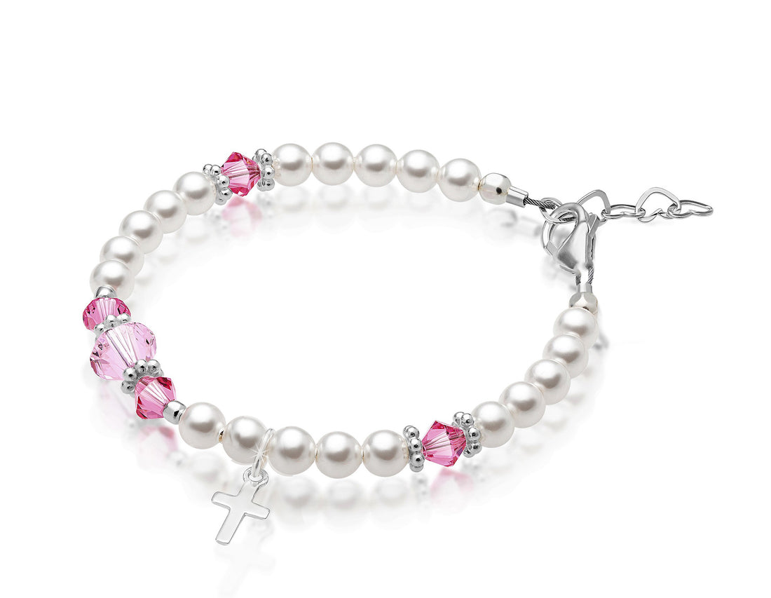 Sterling Silver Cross Baptism Bracelet for Girls - White Pearl Pink Crystals