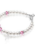 White Pearl Charm Bracelet, Sterling Silver Baptism Cross & Pink Crystals