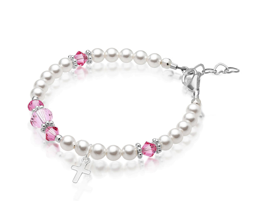 Newborn Baby Girl Sterling Silver Cross Baptism Pearl Bracelet White Pearl Pink Crystals