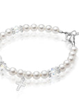 Sterling Silver Cross Baptism Bracelet for Girls - White Pearl Clear Crystals