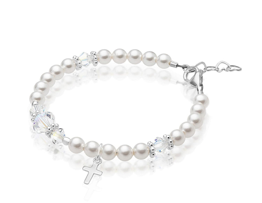 Sterling Silver Cross Baptism Bracelet for Girls - White Pearl Clear Crystals