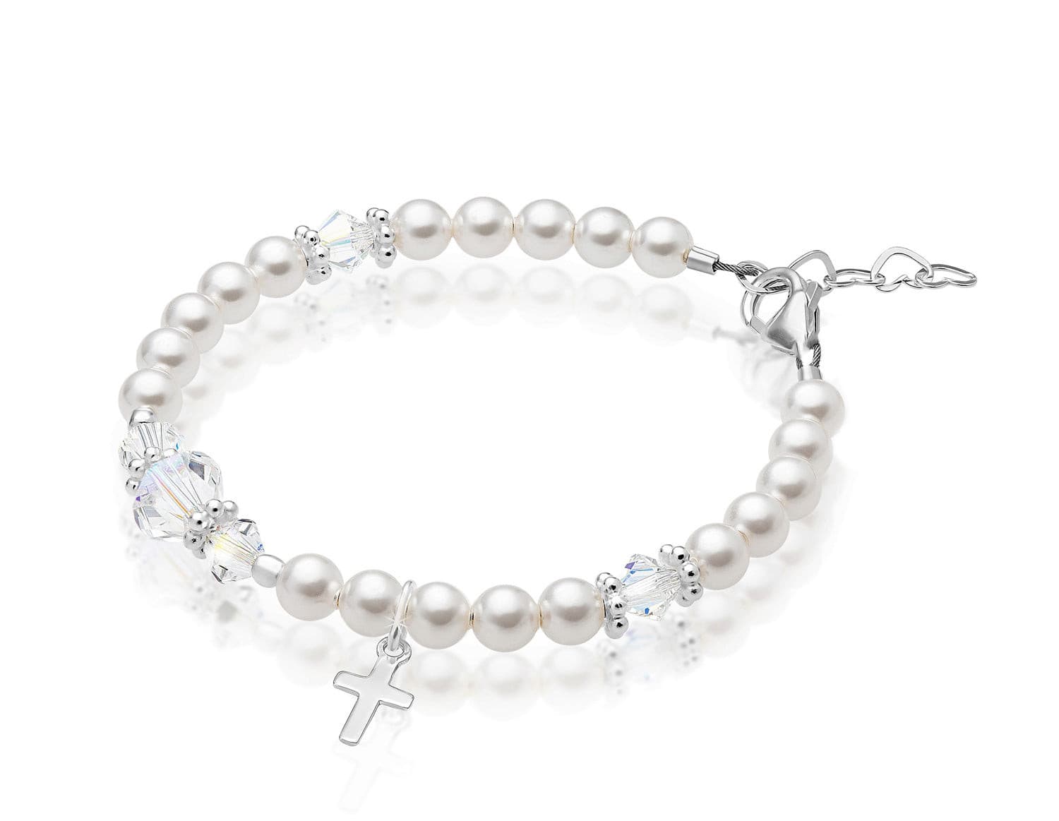 White Pearl Communion Charm Bracelet, Sterling Silver Cross &amp; Clear Crystals