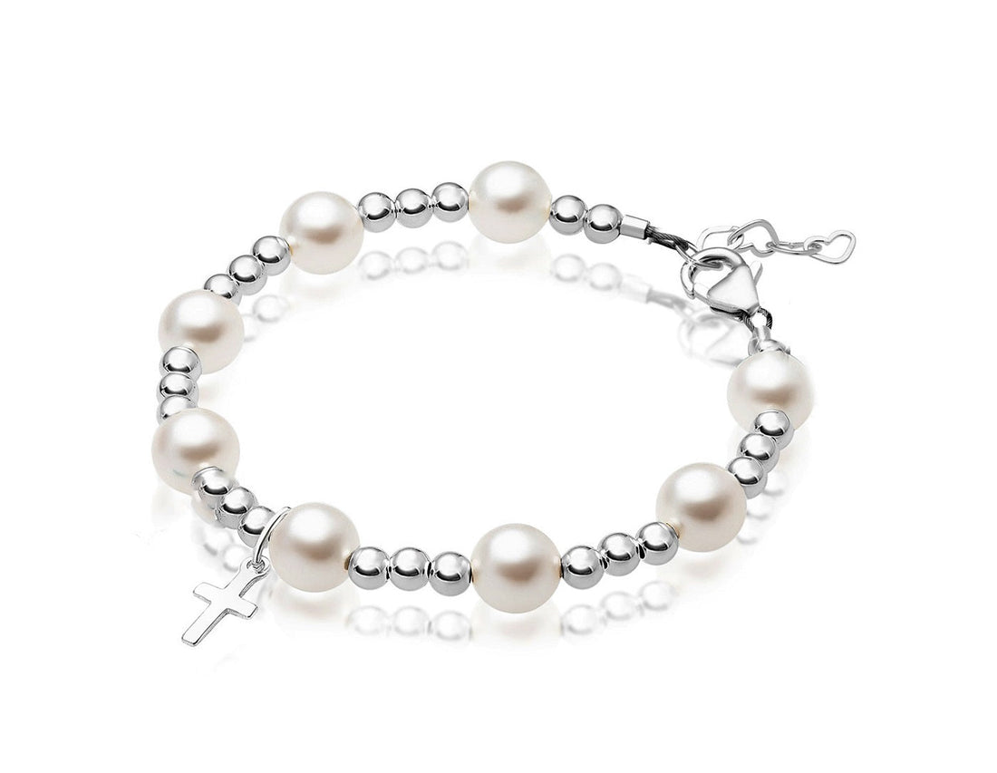 Toddler Baby Sterling Silver Beads Baptism Cross Charm White Pearl Bracelet