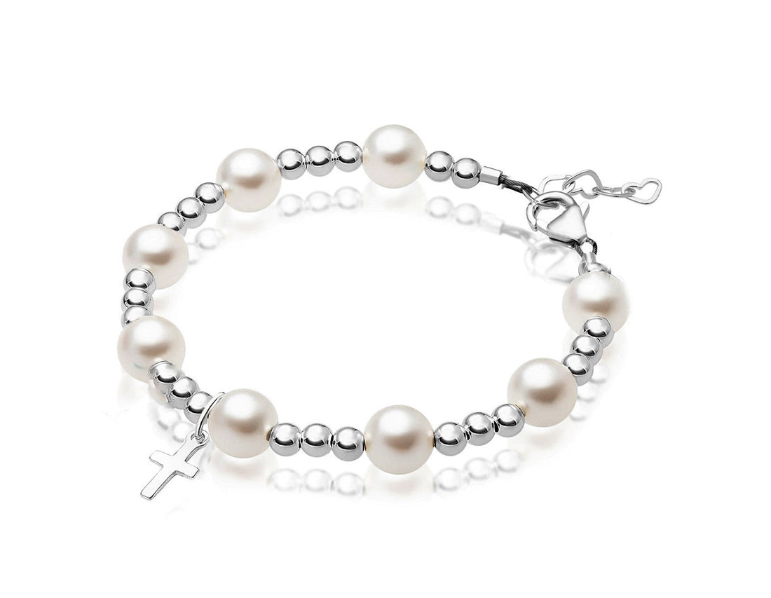 Teen Girl Sterling Silver Beads Baptism Cross Charm White Pearl Bracelet