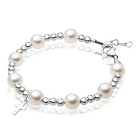 Teen Girl Sterling Silver Beads Baptism Cross Charm White Pearl Bracelet