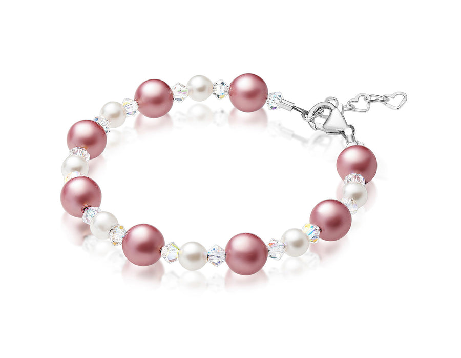NewBorn Baby Girl Bracelet with Rose & White Pearls & Clear Crystals