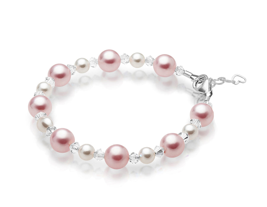 Sterling Silver Bracelet for Girls with Pink & White Pearls & Clear Crystals