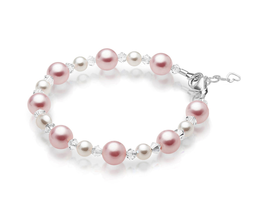 Infant Baby Girl Bracelet with Pink & White Pearls & Clear Crystals