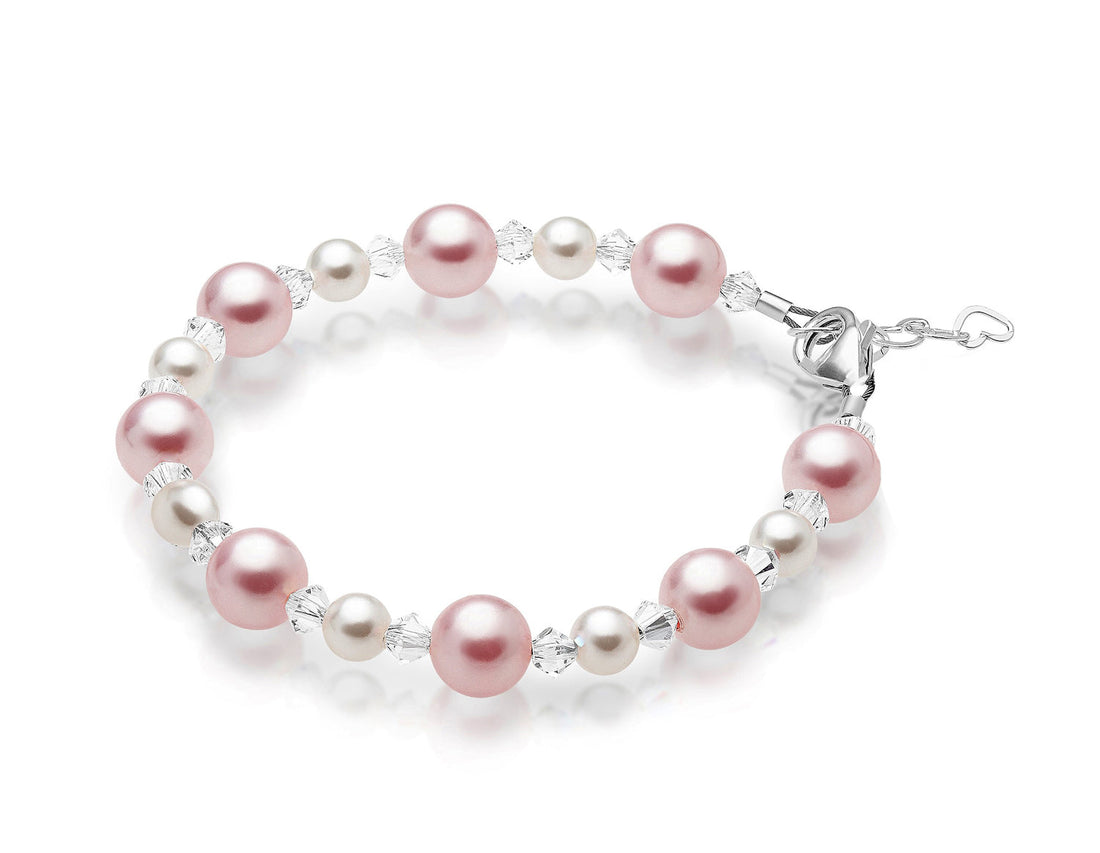 Teen Girl Bracelets with Pink & White Pearls & Clear Crystals