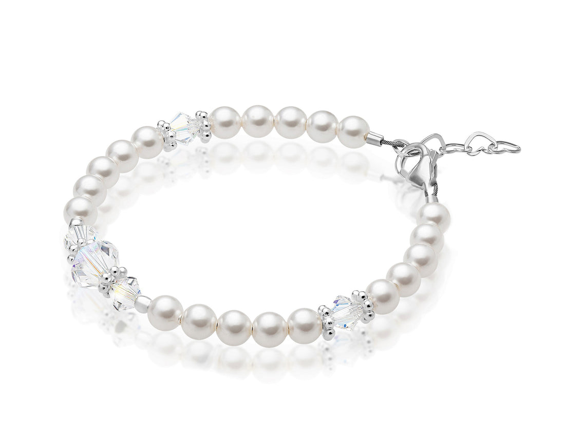 Sterling Silver Bracelet For Girls With Clear Crystals & White Pearls