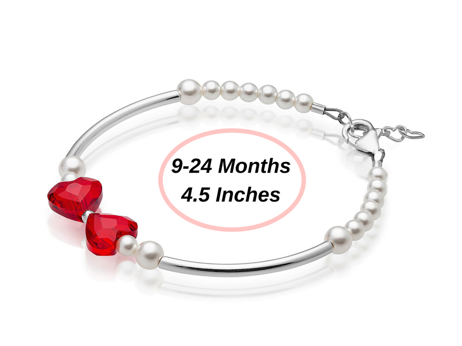 Sterling Silver Bangle Bracelet for Girls with Red Heart Crystals