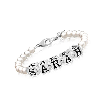 Personalized Name Bracelets for Girls Sterling Silver Alphabet Beads Block Letters, white Pearl