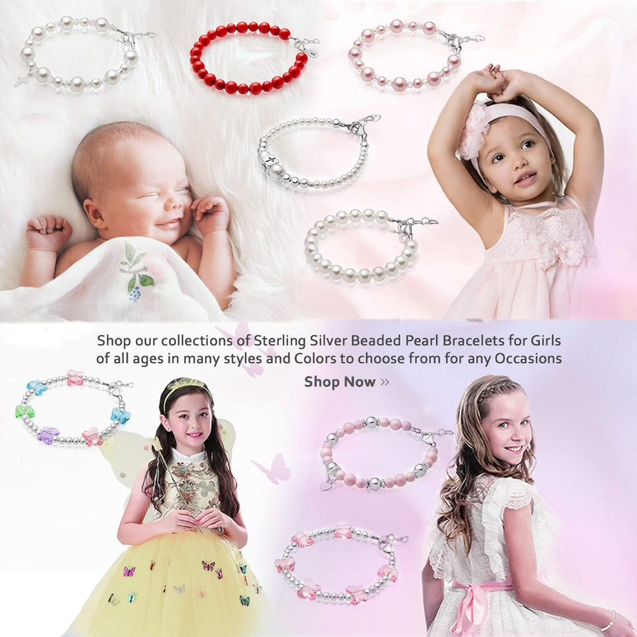 Toddler Baby Girl Baptism & Christening Rose Pearl Sterling silver Cross Charm Bracelet