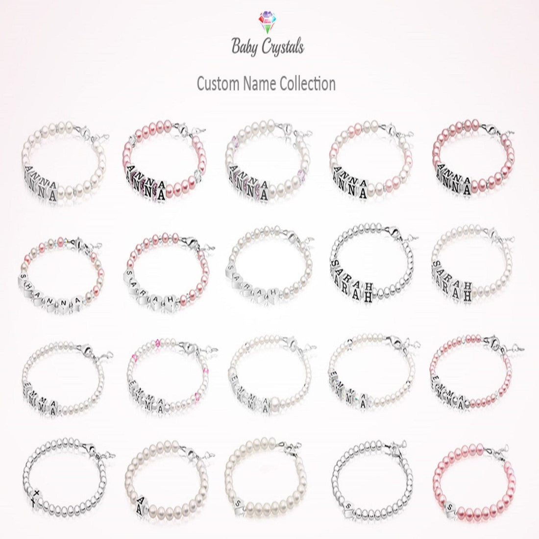 Custom Name Bracelet with Pink Peals and Pink Crystals