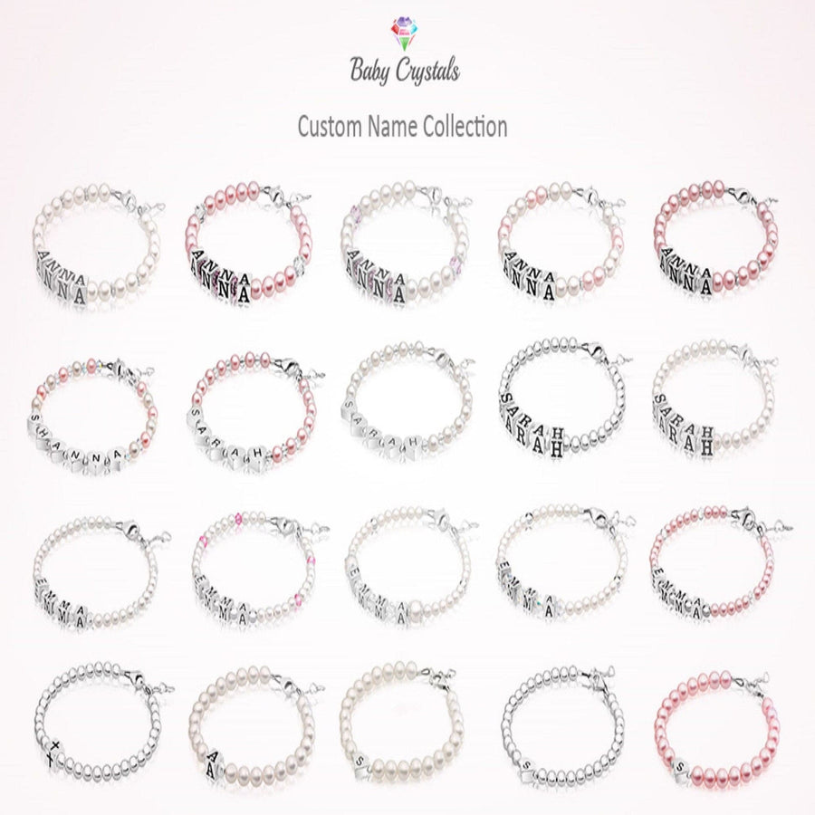 Custom Name Bracelet with Pink Peals and Pink Crystals