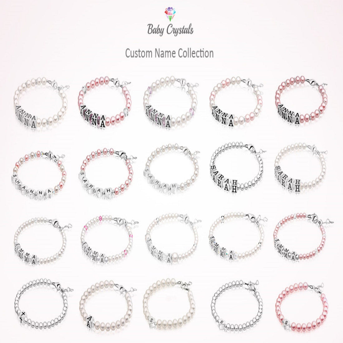 Custom Name Bracelets for Girls 925 Sterling Silver Alphabet Block Letters, Pink Pearl
