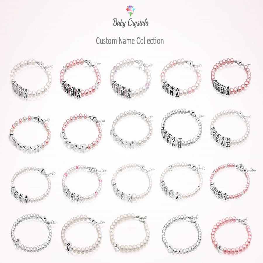 Custom Name Bracelets for Girls 925 Sterling Silver Alphabet Block Letters, Pink Pearl