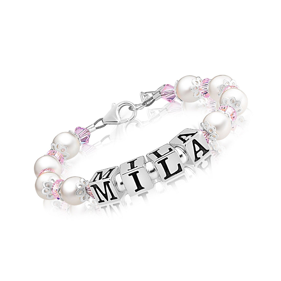 Name Bracelets for Girls Sterling Silver Alphabet Beads Block Letters, white Pearl Pink Crystals