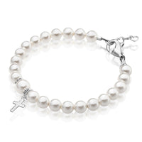 Teen Girl White Pearl Bracelet Sterling Silver Cross Charm