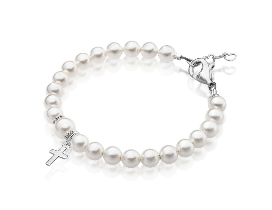Teen Girl White Pearl Bracelet Sterling Silver Cross Charm