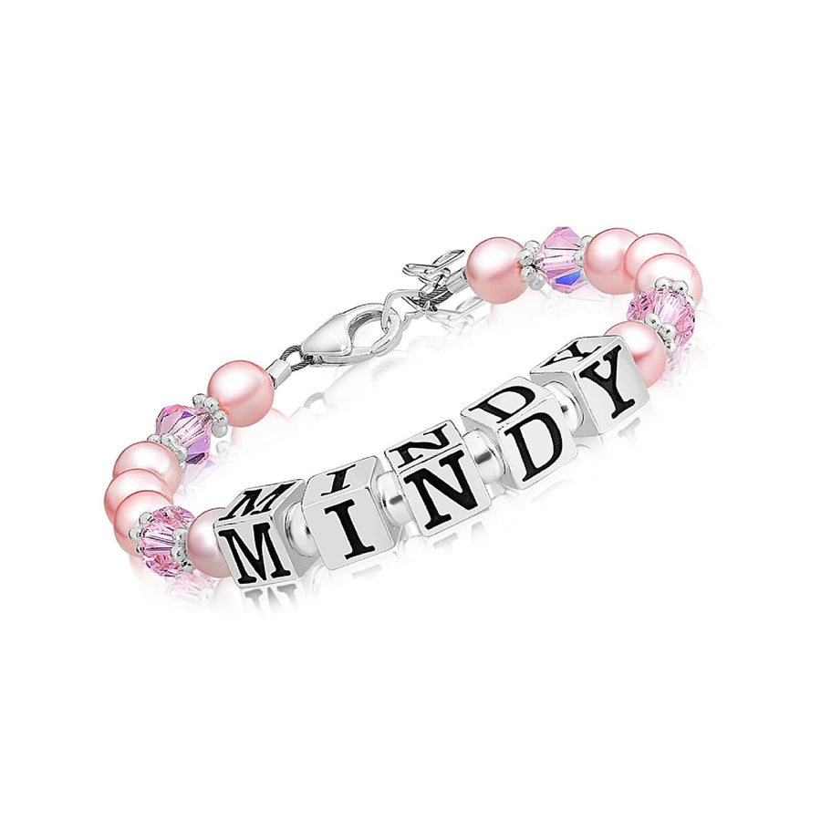 Custom Name Bracelet with Pink Peals and Pink Crystals