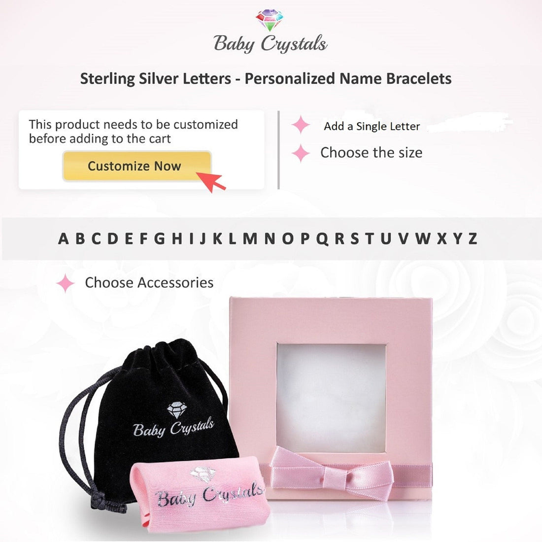 Custom Name Bracelets for Girls 925 Sterling Silver Alphabet Block Letters, Pink Pearl